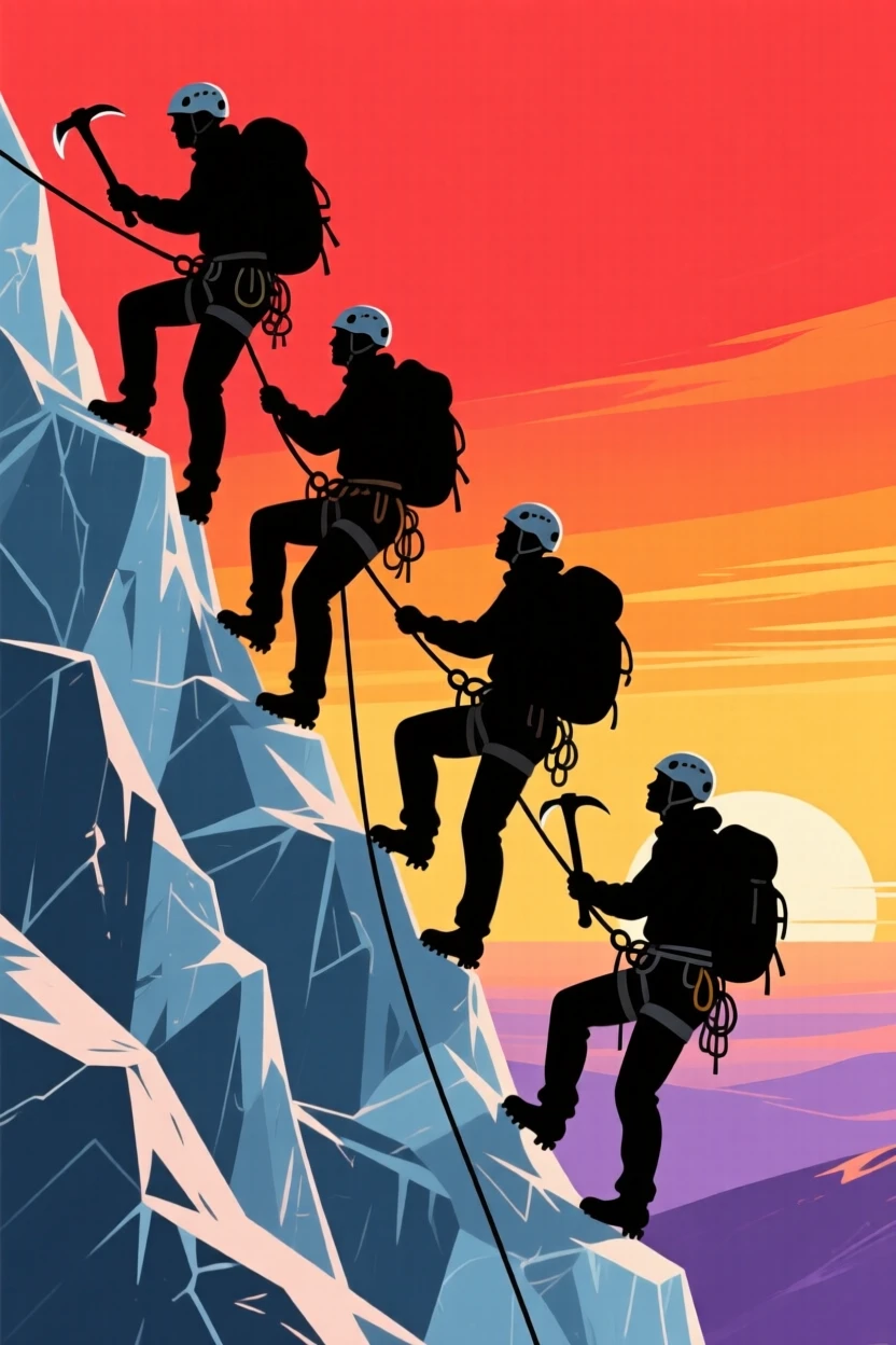 A group of climbers roped together, ascending a steep icy ridge.