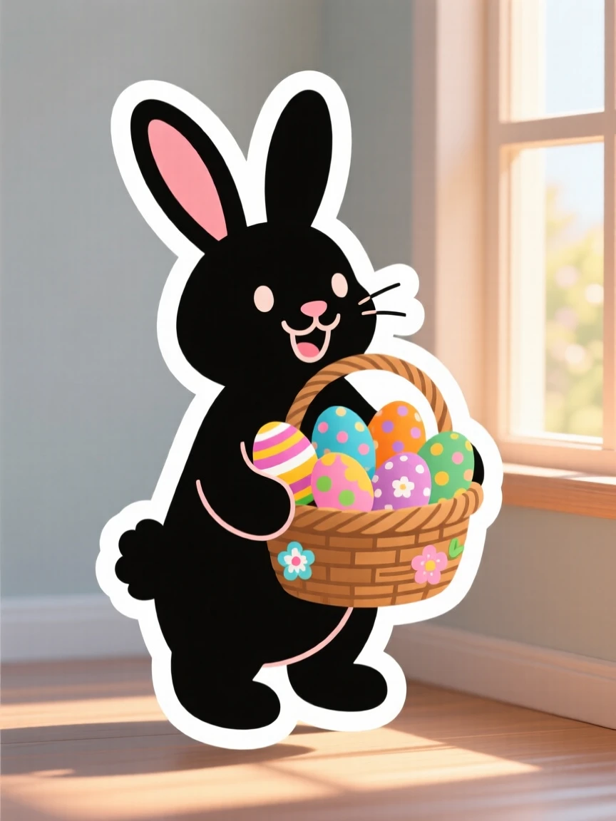 A spirited and joyful bunny with a basket of decorated eggs, with warm light spilling from nearby windows, during the most magical time of year.