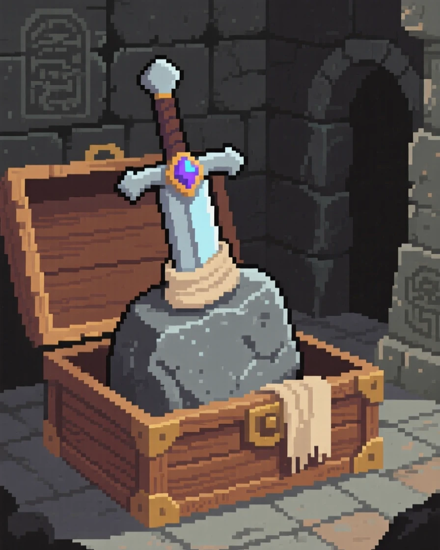 An enchanted sword stuck in stone wrapped in a cloth inside a wooden box, inside a forgotten temple chamber.