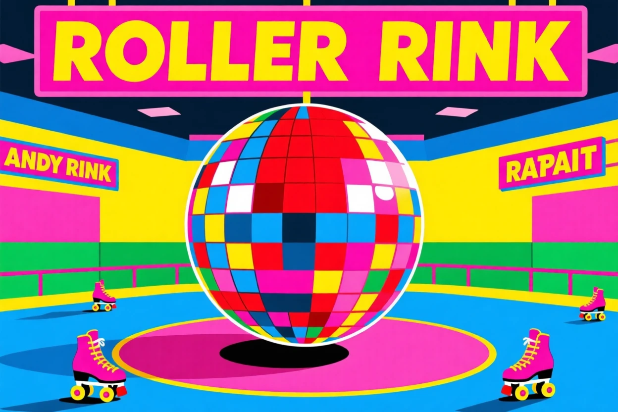 Retro roller rink with a spinning disco ball