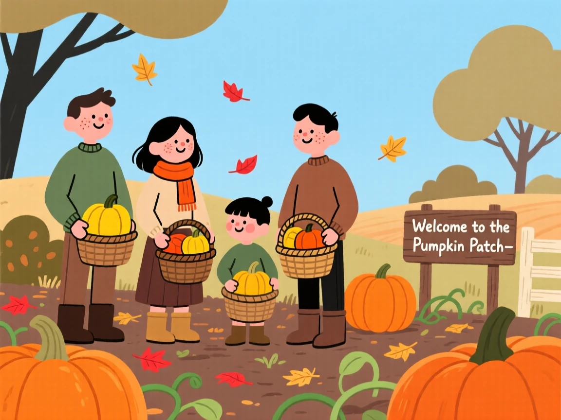 A family gathers baskets of squash in a pumpkin patch as red and gold leaves drift down around them under a crisp blue sky.