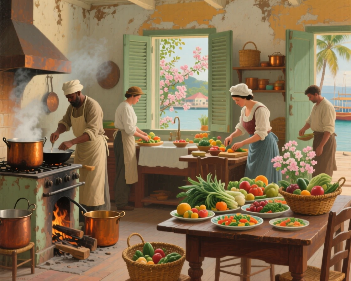 A medium shot of a busy kitchen where cooks prepare a feast for a village celebration, in a Caribbean port town, as spring blossoms open.