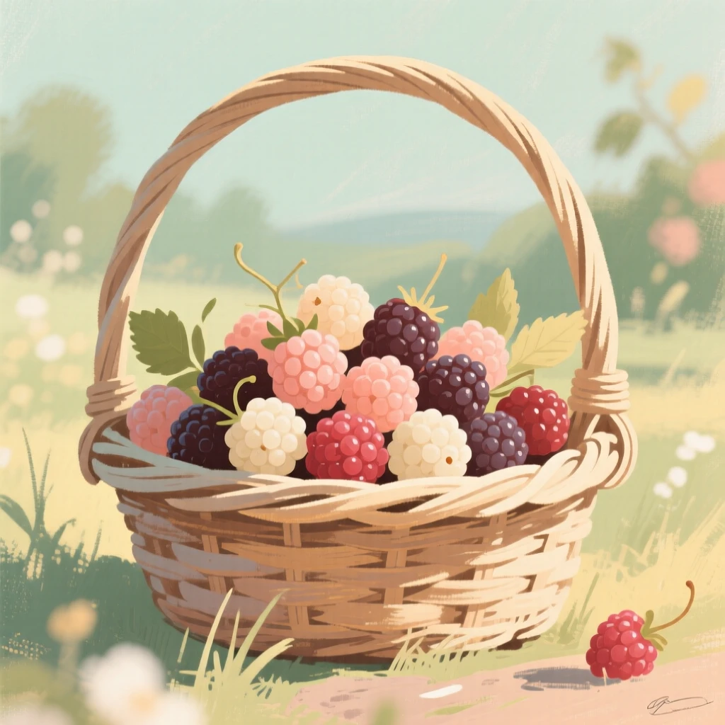 A summer harvest of ripe berries collected in a wicker basket