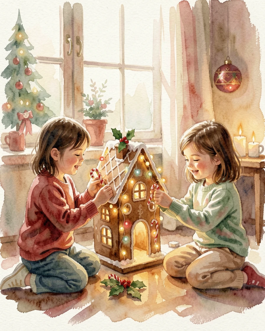 Children building a gingerbread house at the holidays with festive decorations glowing softly.