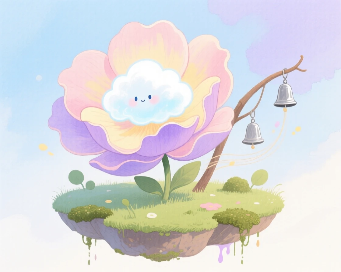 A tiny cloud spirit hides inside a giant blooming flower in a floating garden island, as distant chimes ring softly in the wind