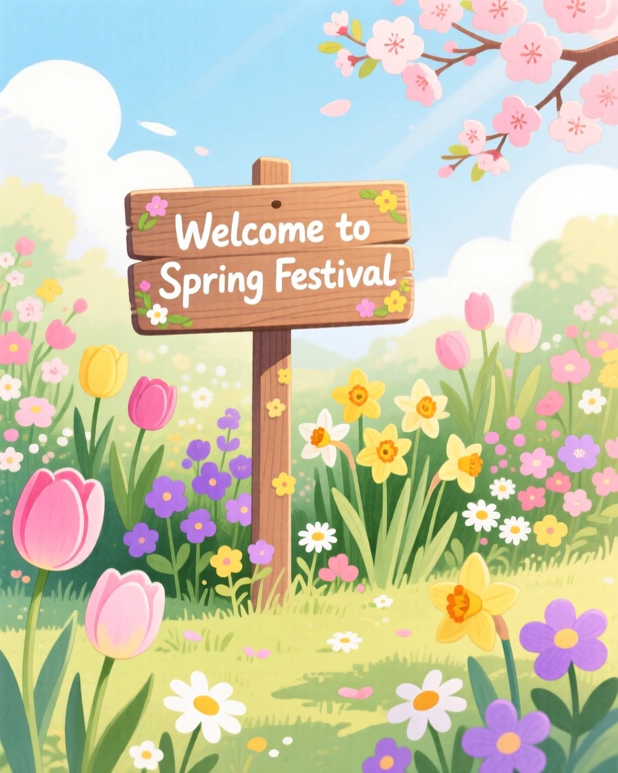 A festive scene of a garden filled with blooming flowers on the first day of spring.