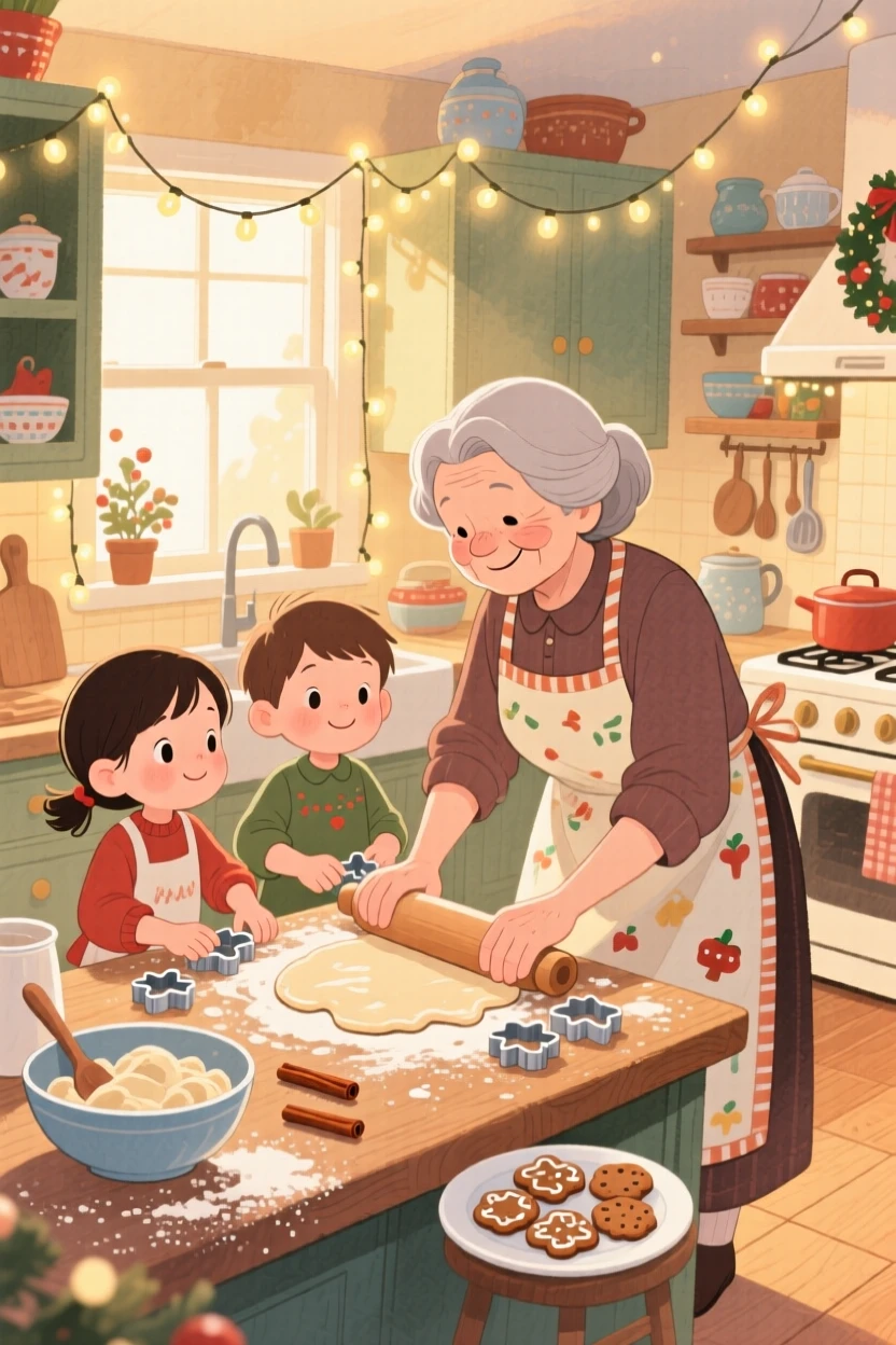 A grandmother teaching her grandchildren to make holiday cookies, in a warm kitchen dusted with flour and cinnamon, with twinkling lights reflected in everyone's eyes, evoking cherished holiday tradition.