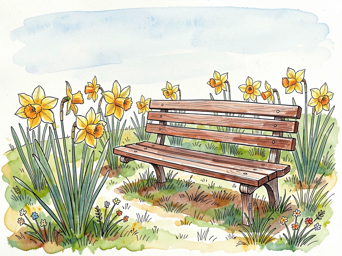 A spring meadow bursting with daffodils around a quiet garden bench, the mood cozy, joyful, and full of seasonal spirit.