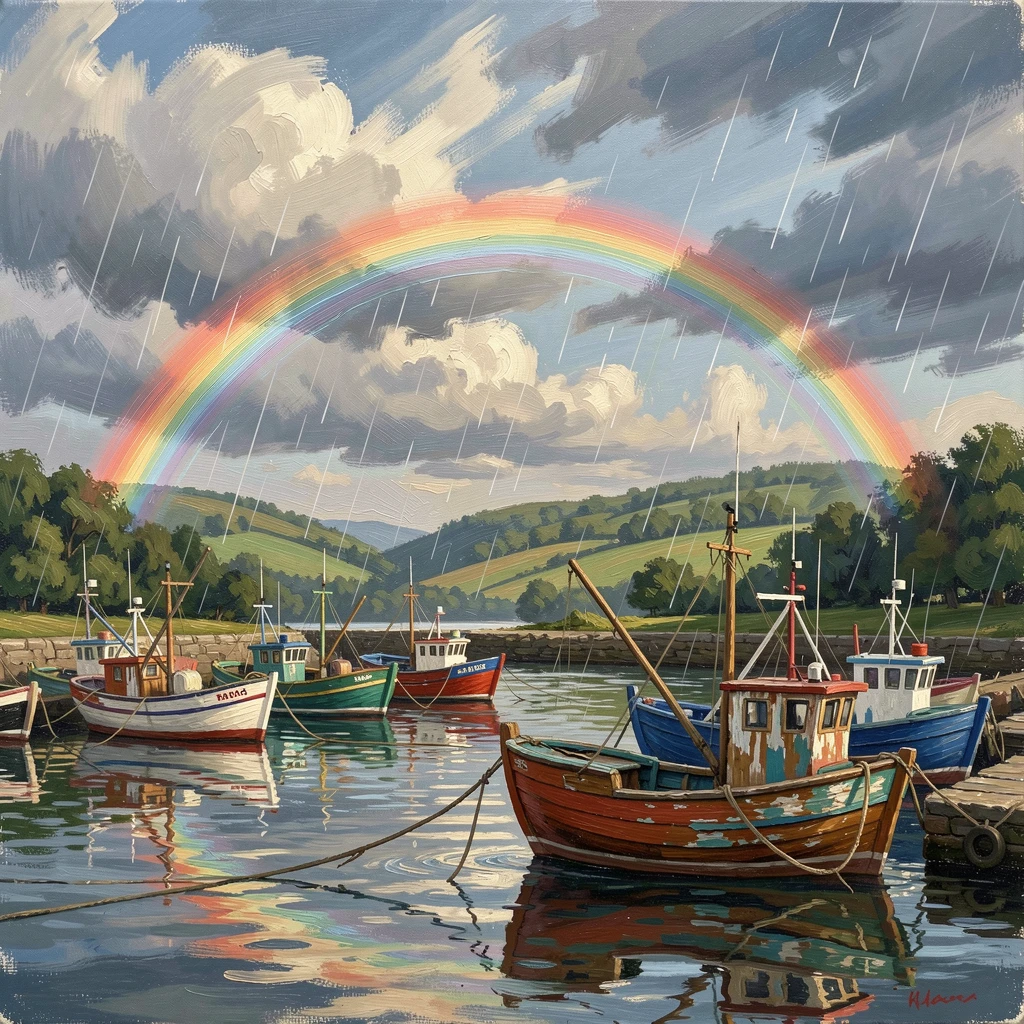 Above a calm harbor filled with fishing boats, a double rainbow arching over a green valley, raindrops beginning to fall in scattered patterns, beneath a sky shifting rapidly between light and shadow.