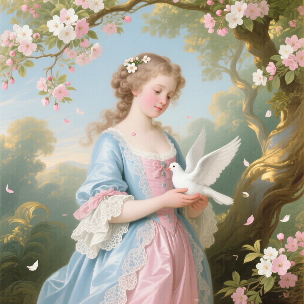 A young girl representing innocence, holding a white dove beneath flowering trees  
