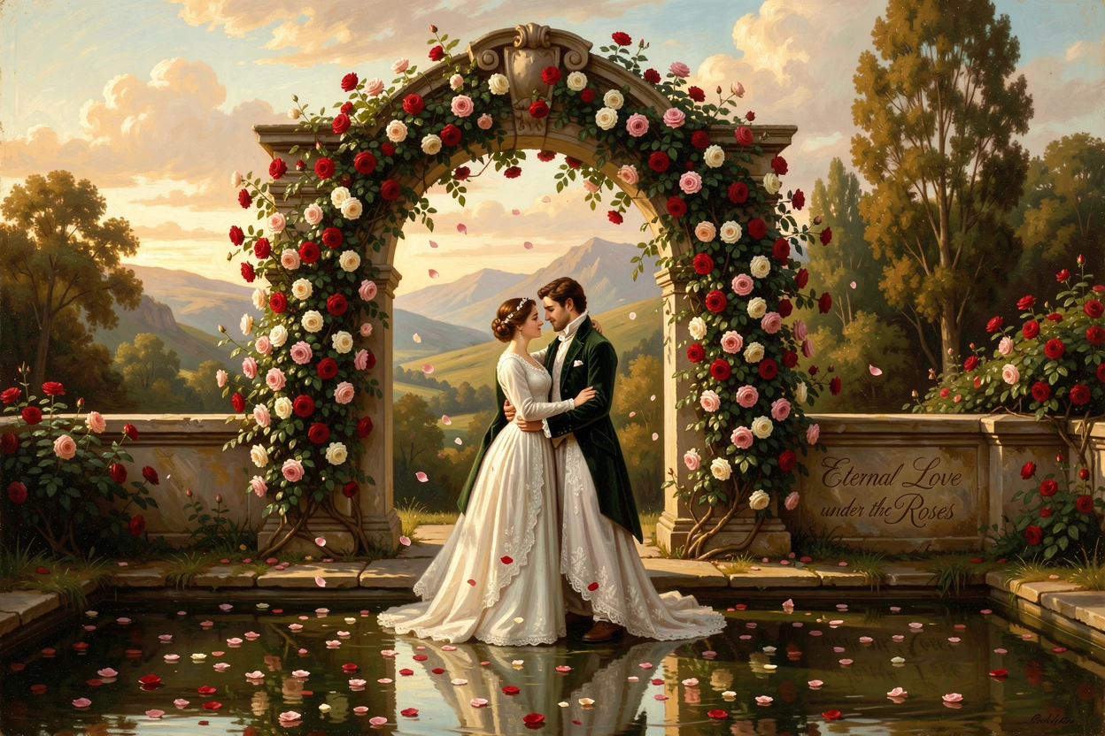 Two young lovers embrace beneath a rose-covered archway as petals drift in the breeze.
