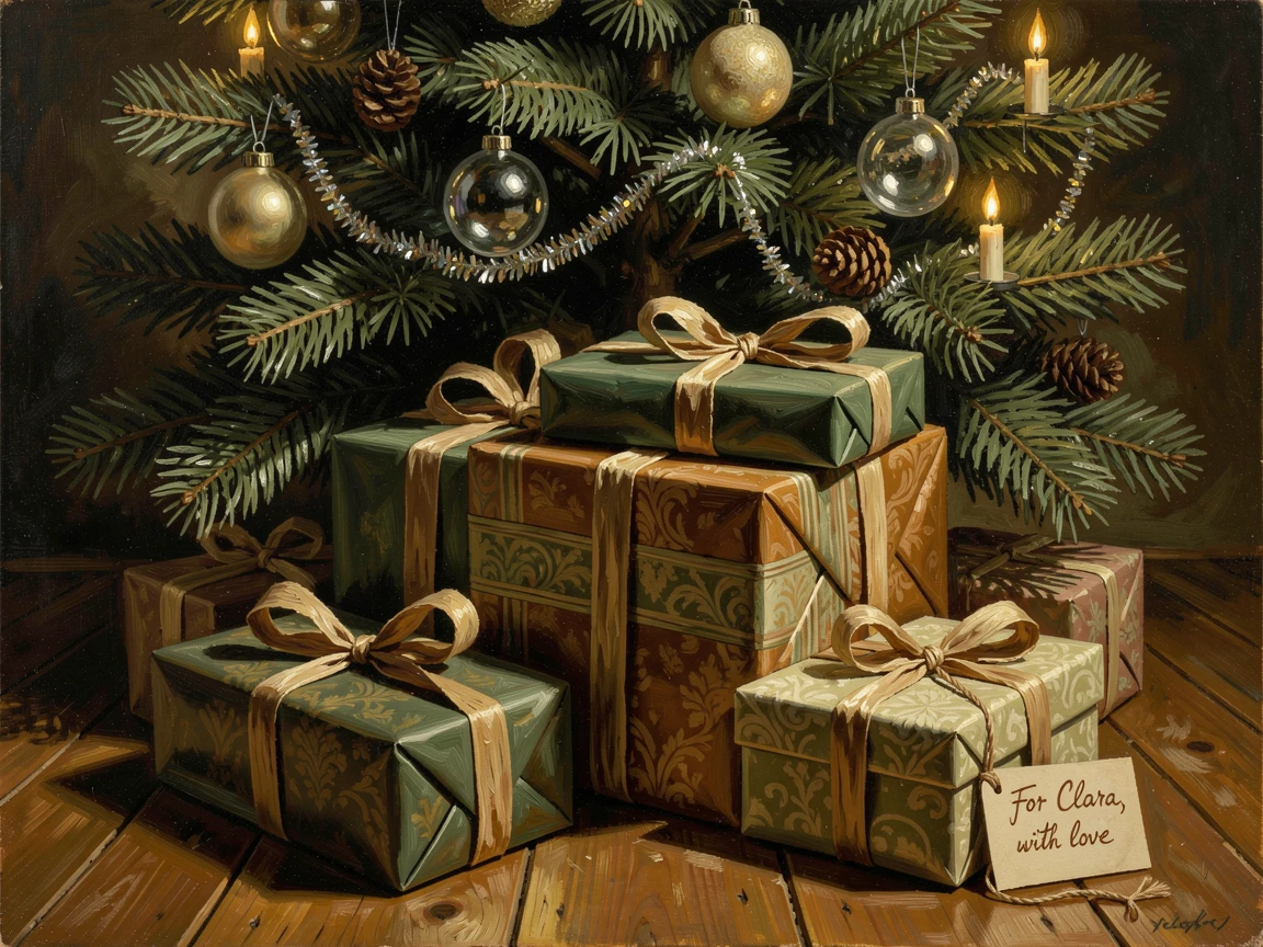A stack of wrapped holiday gifts beneath a beautifully decorated tree, as reflections shimmer subtly across polished surfaces, radiating warmth, richness, and understated opulence