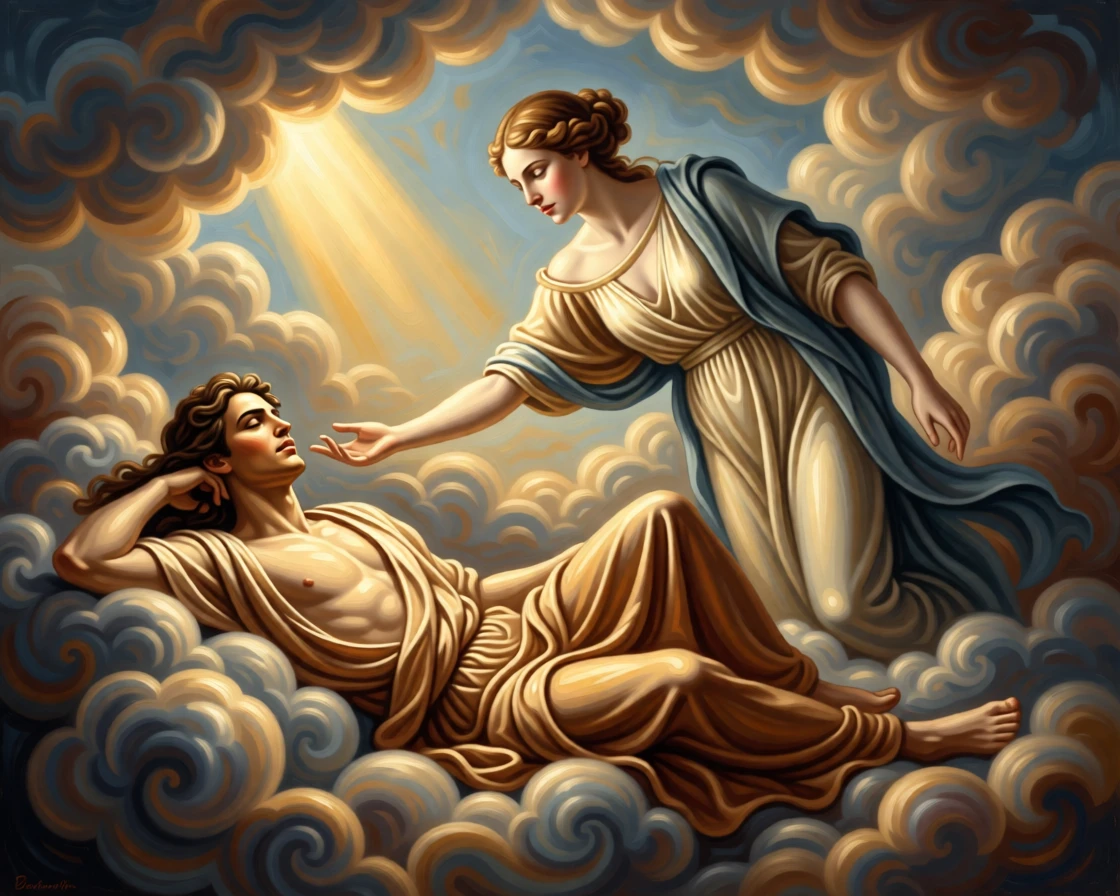The muse of poetry whispering inspiration to a sleeping artist in a gesture that speaks to all of humanity, set amid swirling clouds suspended between earth and sky, with a single ray of light illuminating the central symbolic gesture; a triangular arrangement lends the scene classical stability and gravity, capturing the eternal struggle between light and shadow.