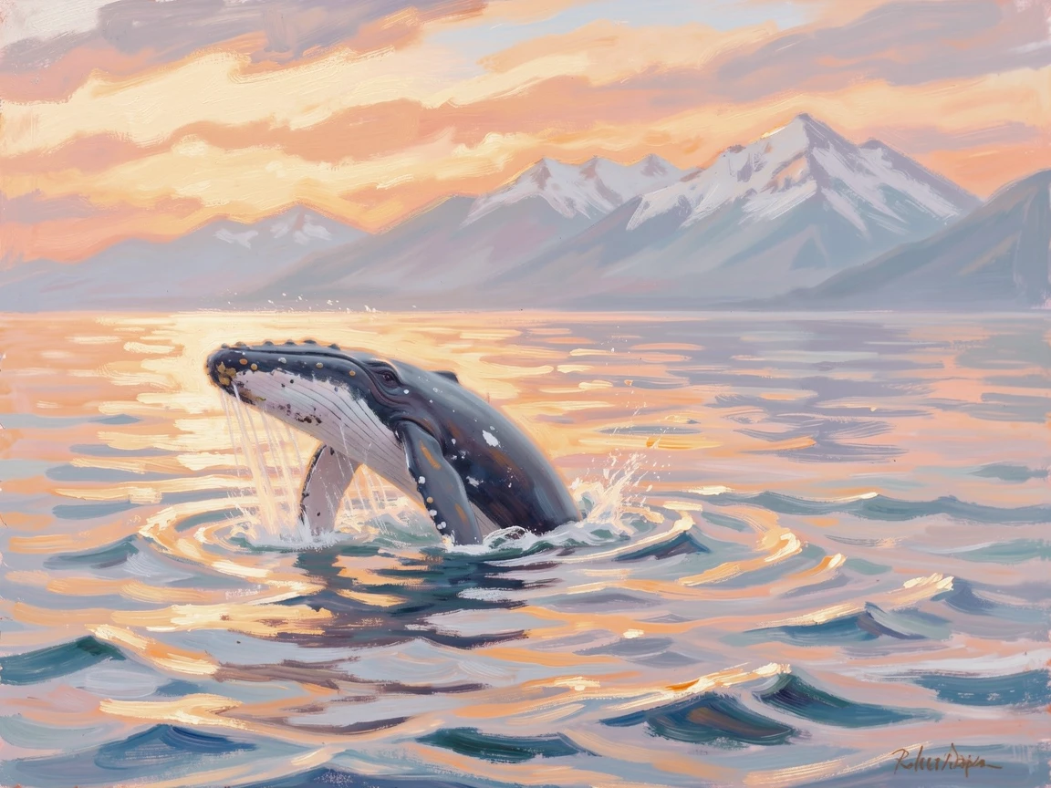 A humpback whale breaching dramatically against a backdrop of distant snow-capped mountains, under a glowing sunset sky.