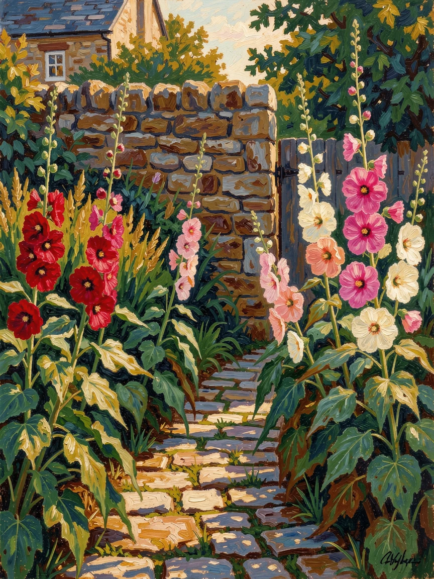 A cottage garden path lined with hollyhocks towering against a stone wall.