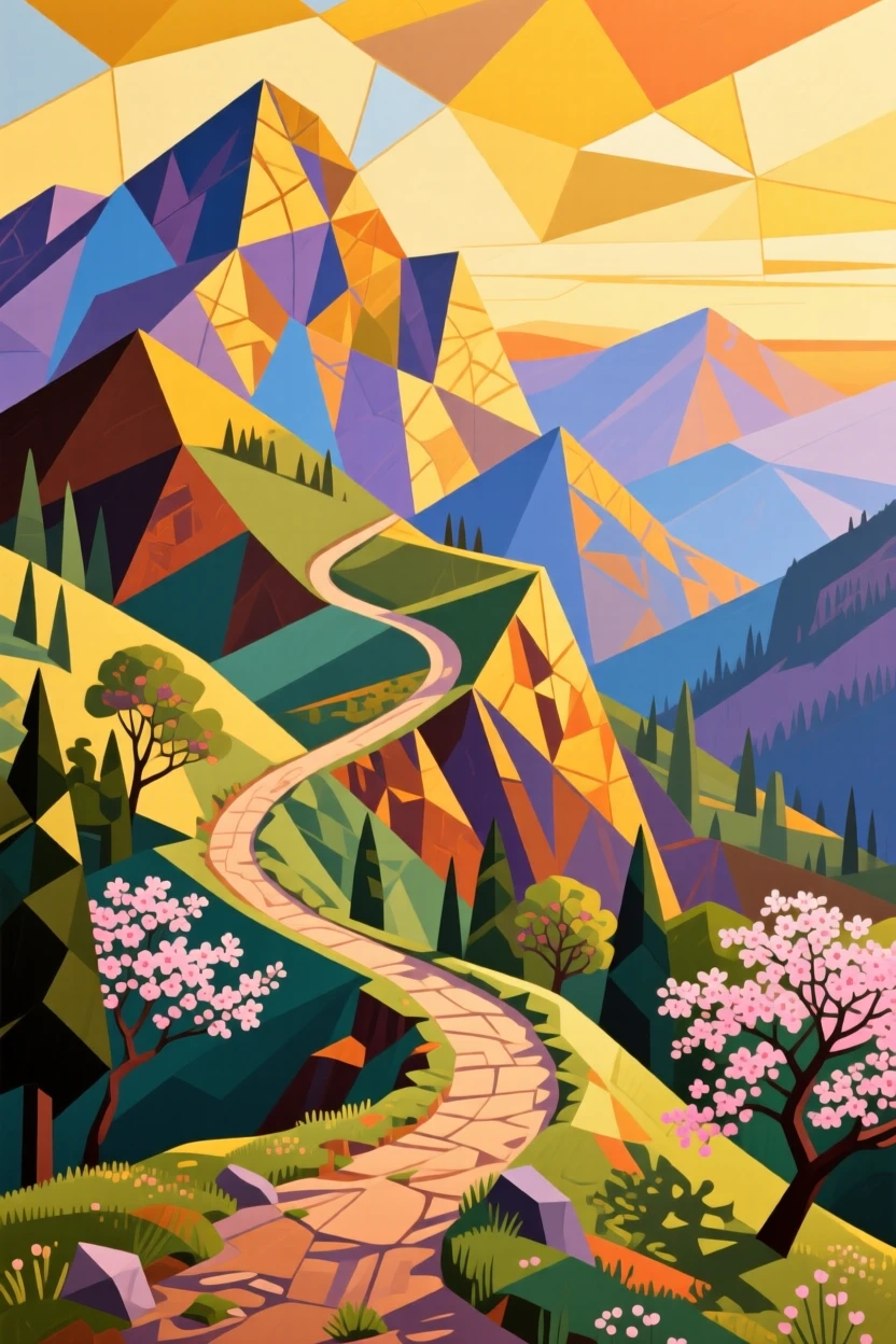 A sweeping wide view of a winding mountain trail as golden hour bathes everything in warm light, in early spring.