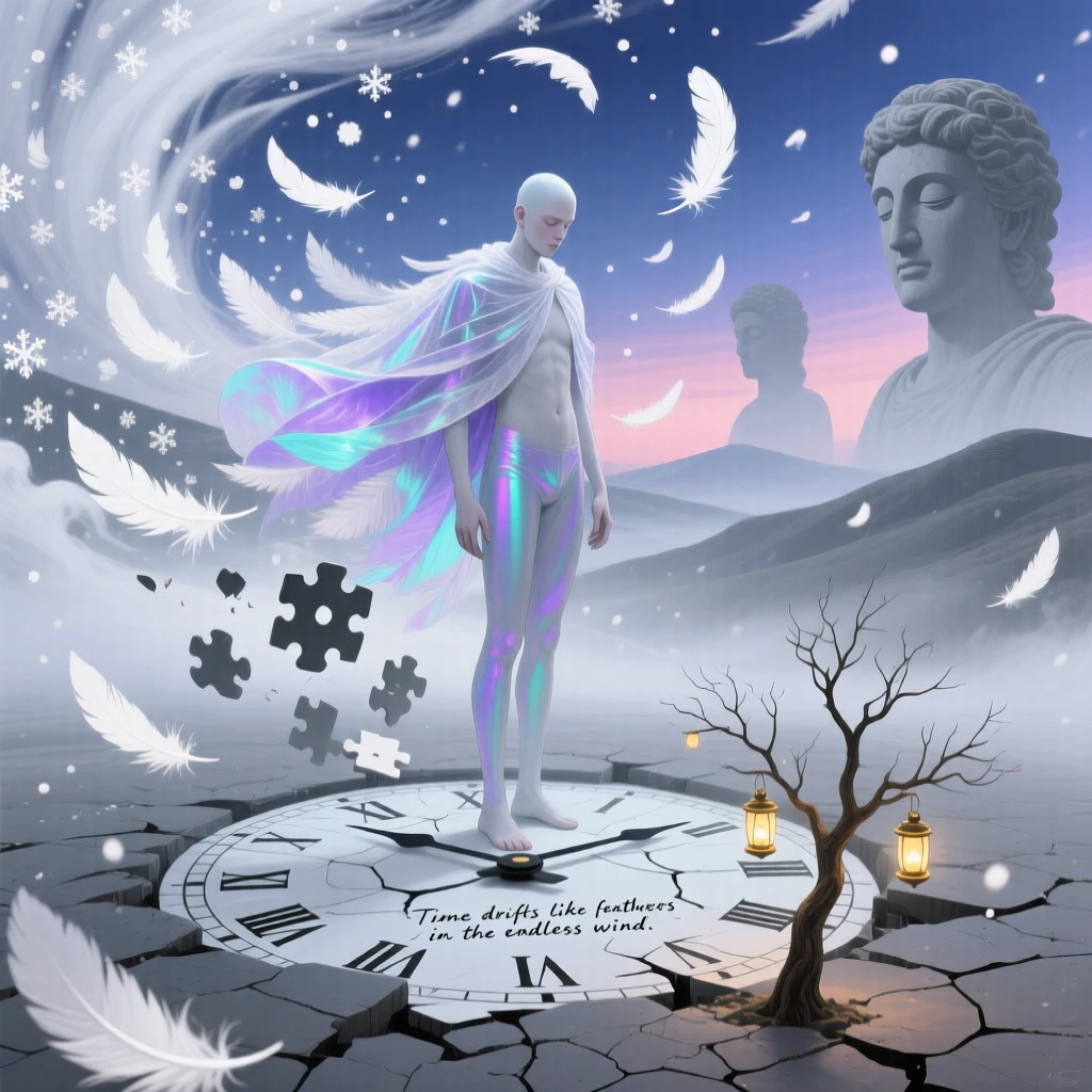 A snowstorm made entirely of drifting white feathers wraps gently around a lone figure standing still, as distant hills fade slowly into soft grey mist.