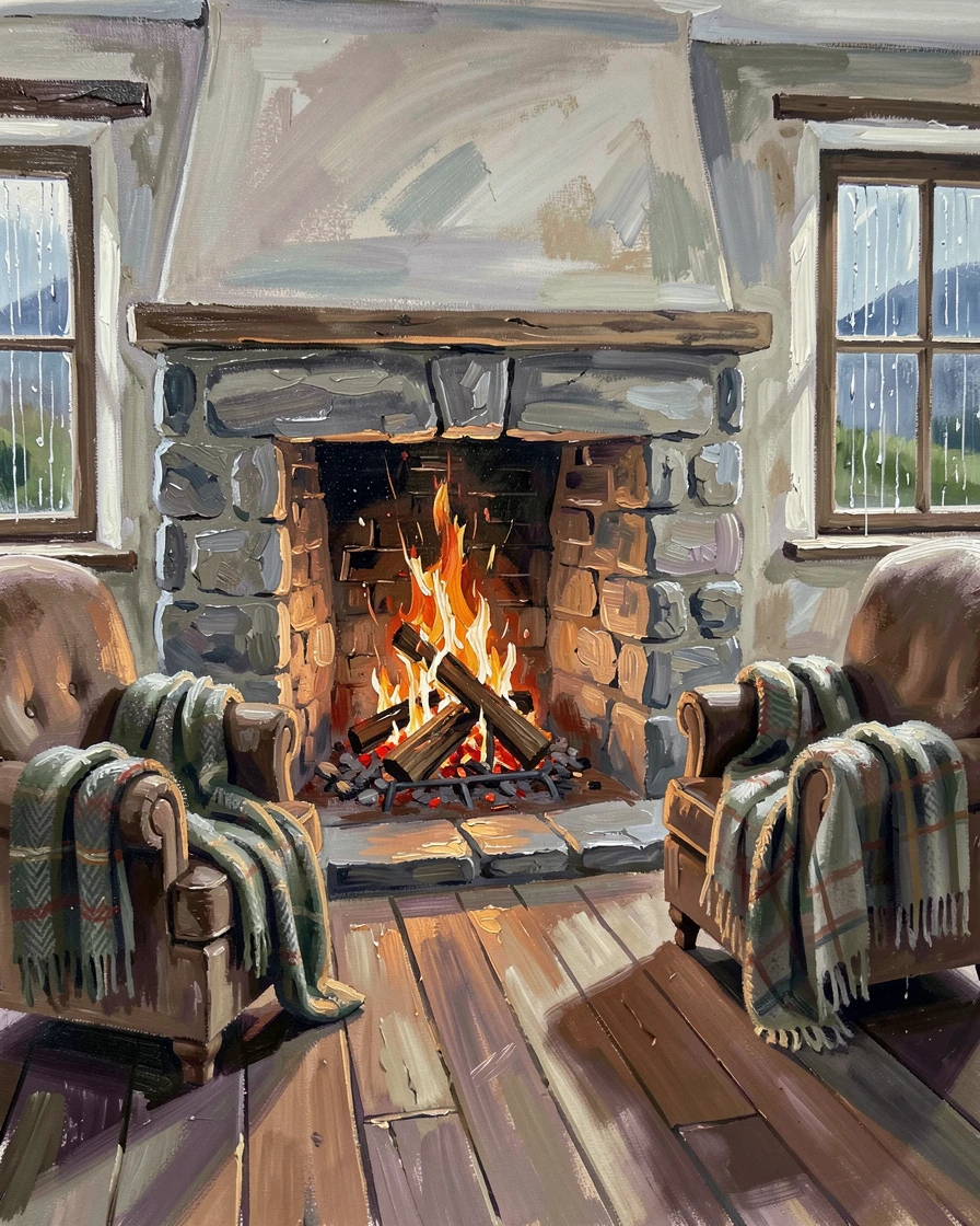 A cozy Irish cottage interior shows a peat fire glowing in a stone hearth, wool blankets draped over worn armchairs, rain visible through small windows, the changing light of the hour casting long shadows that add depth to every surface.