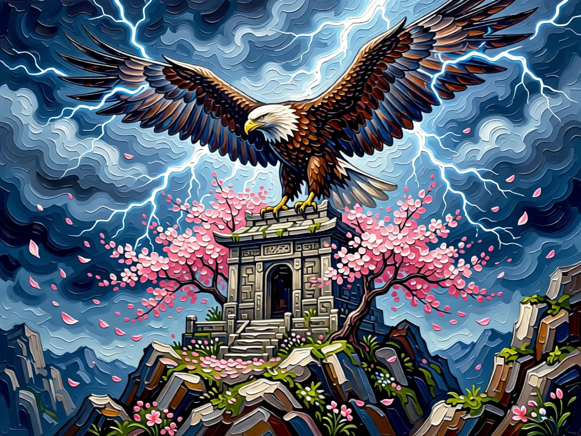 a storm eagle summoning lightning from its wings resting atop a mountain shrine wrapped in cherry blossoms