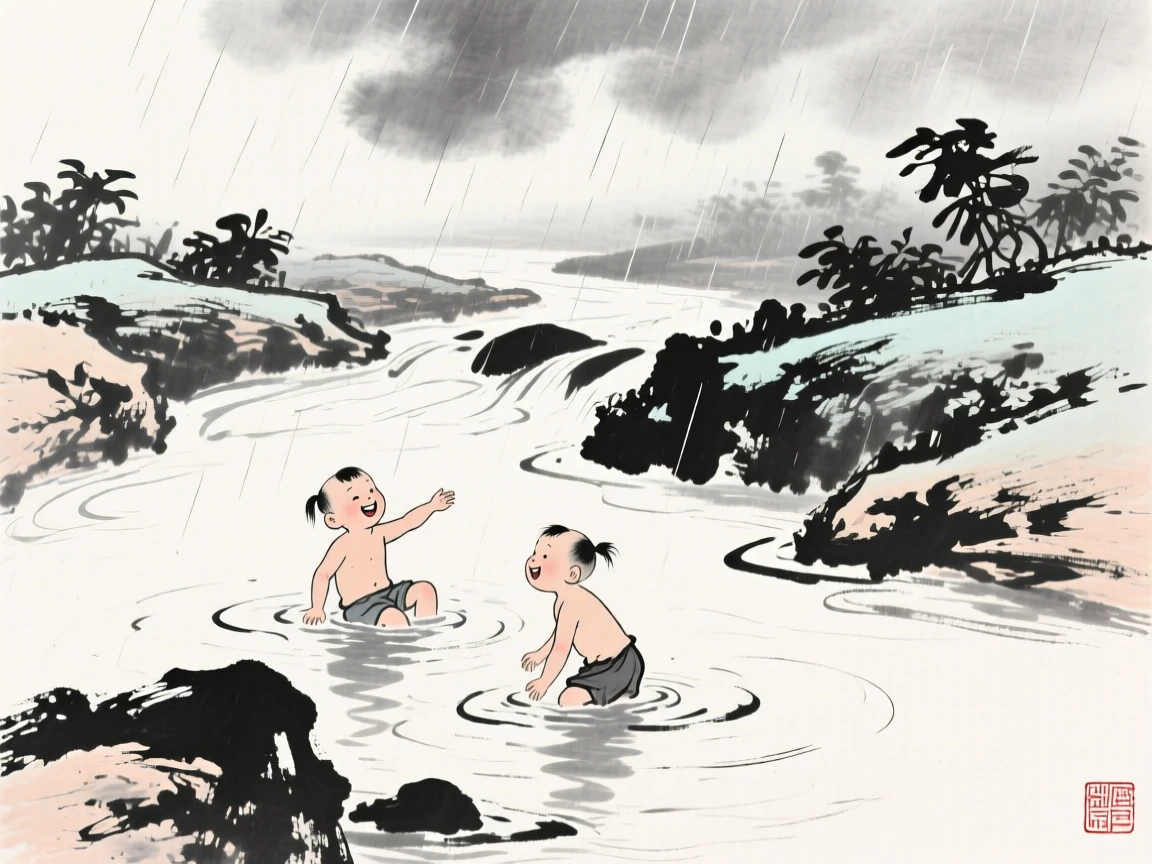 Children swim in a cool mountain stream on a hot afternoon, with mist rising after a sudden afternoon shower.