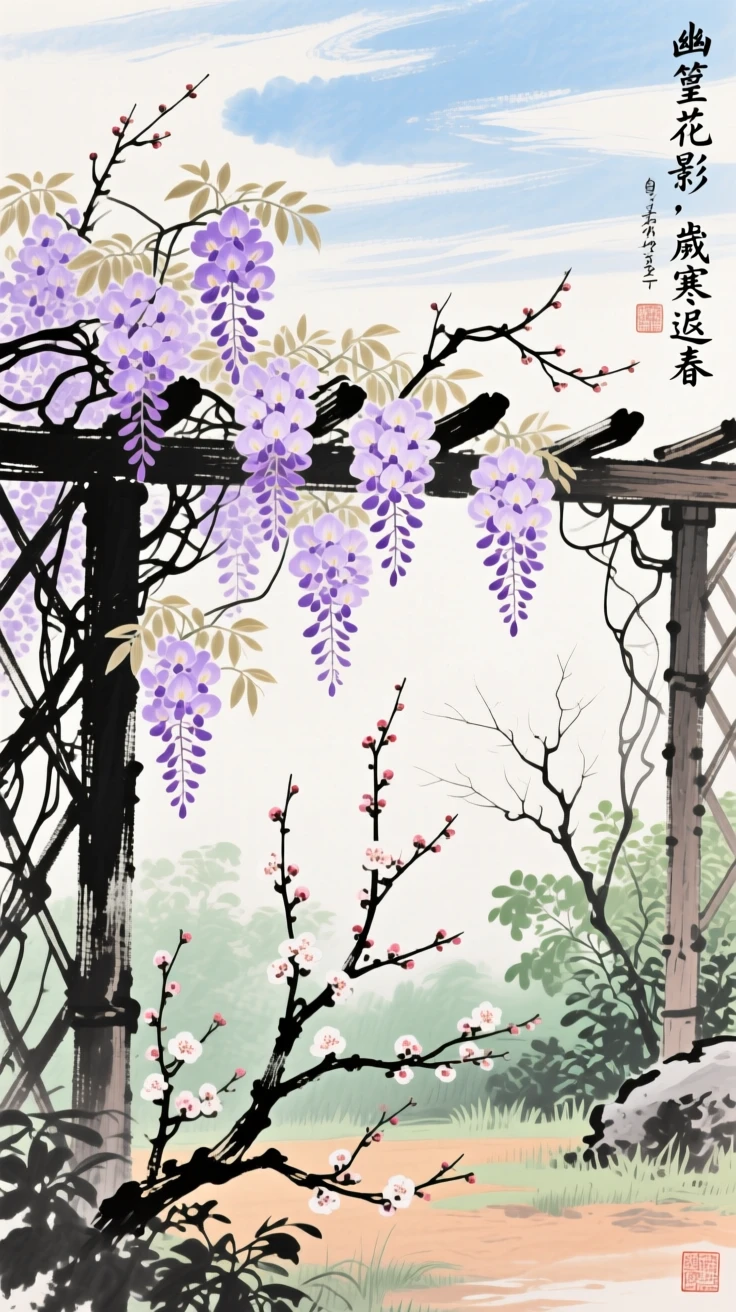 Wisteria cascading in purple clusters over a garden trellis, as the last plum blossoms cling to bare branches, under a sky streaked with clouds, imbued with timeless calm.
