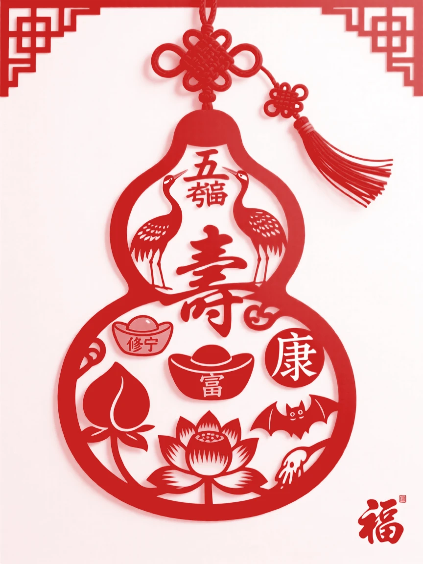 A gourd overflowing with symbols of the five blessings, hanging from a red tasseled cord
