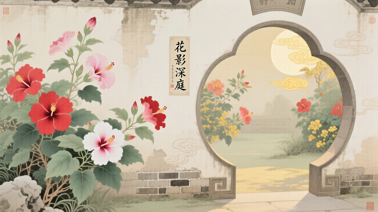 Hibiscus flowers by a garden wall framed by a moon gate entrance