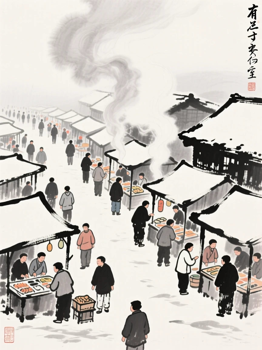 A quiet winter morning market with steam rising from food stalls, seen from a gentle elevated view over the gathering below, evoking festive warmth and communal joy.