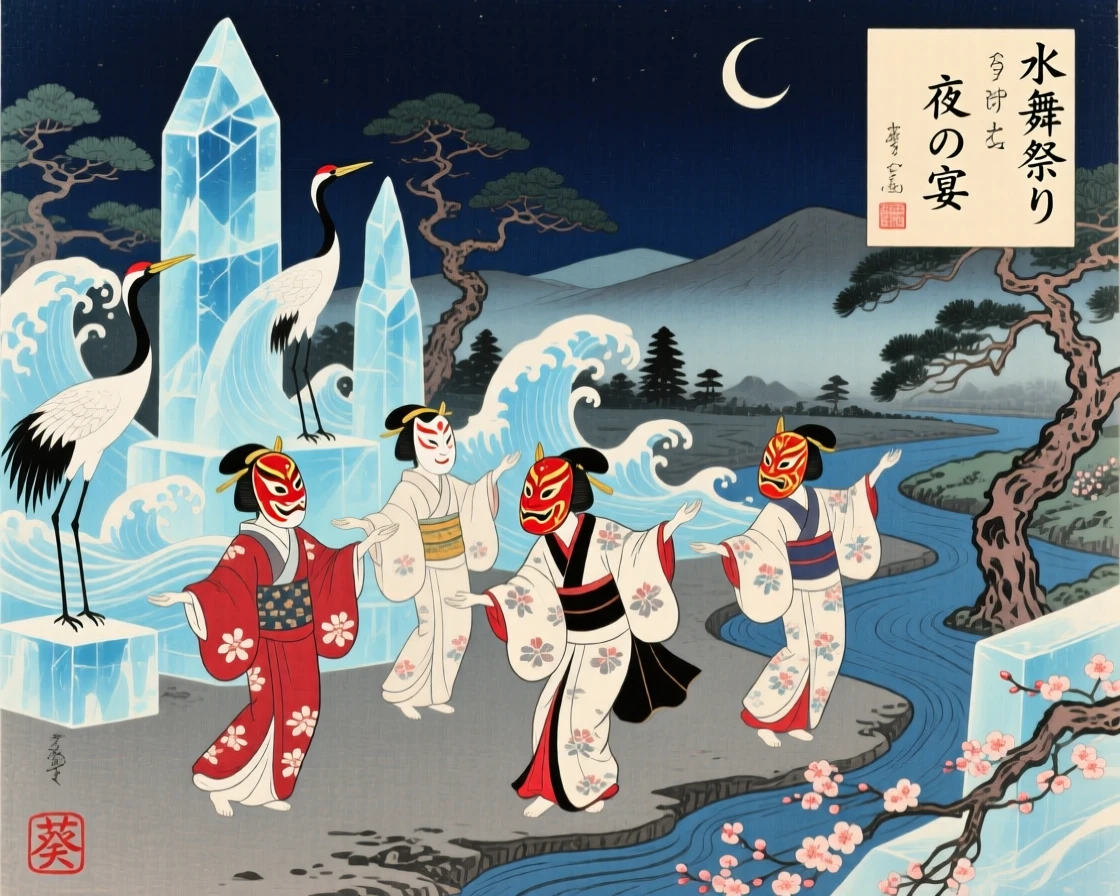 Masked ritual dancers with elaborate ice sculptures glowing at night.
