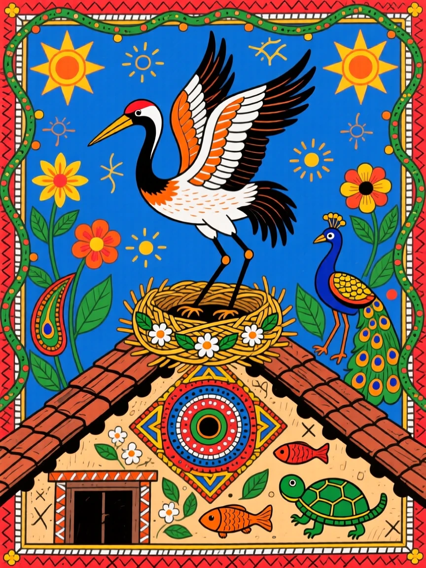 A stork returning to its nest atop an old village rooftop.