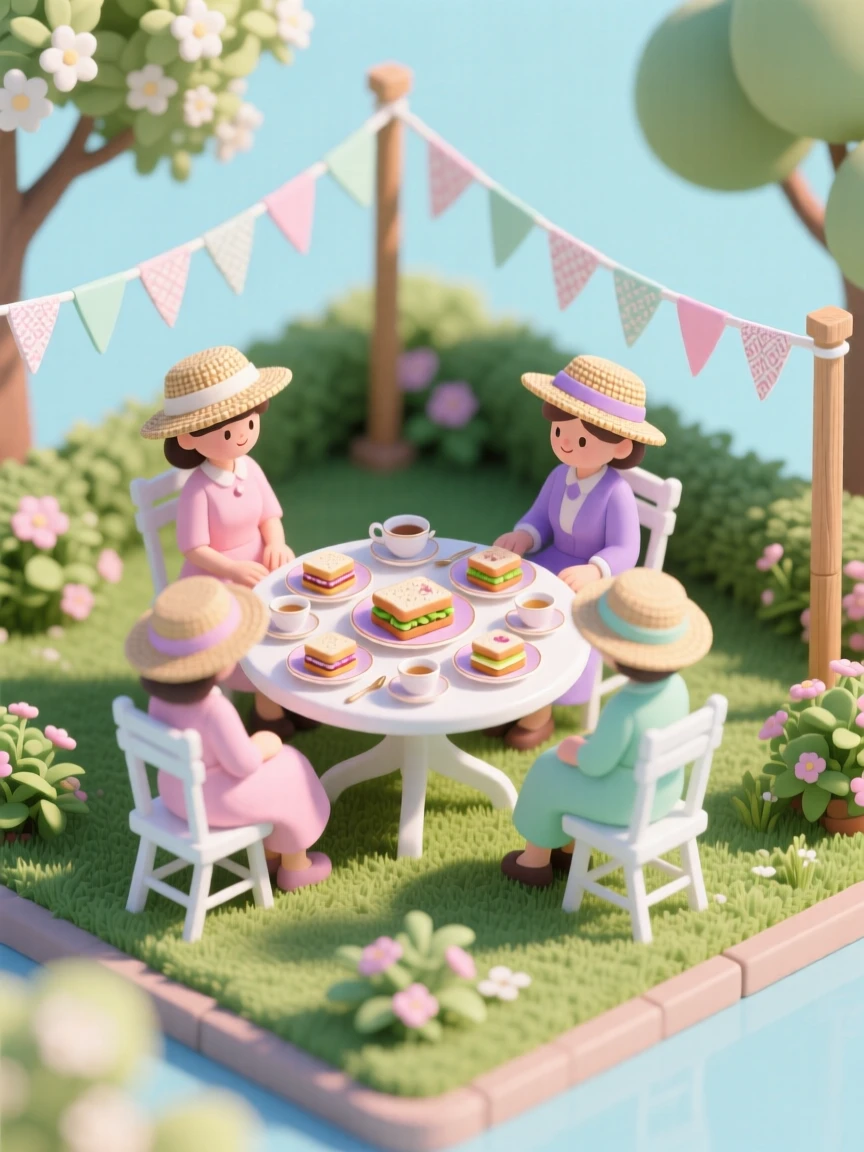 A springtime garden party with pastel bunting, a table of tea sandwiches, and guests wearing wide-brimmed hats.