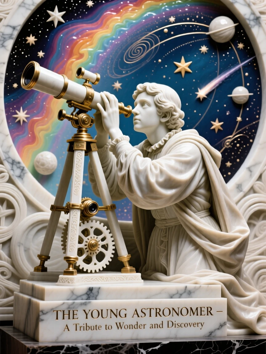A vivid, emotionally rich scene of a young astronomer gazing through a telescope, under a brilliant, colorful sky, designed to captivate and inspire