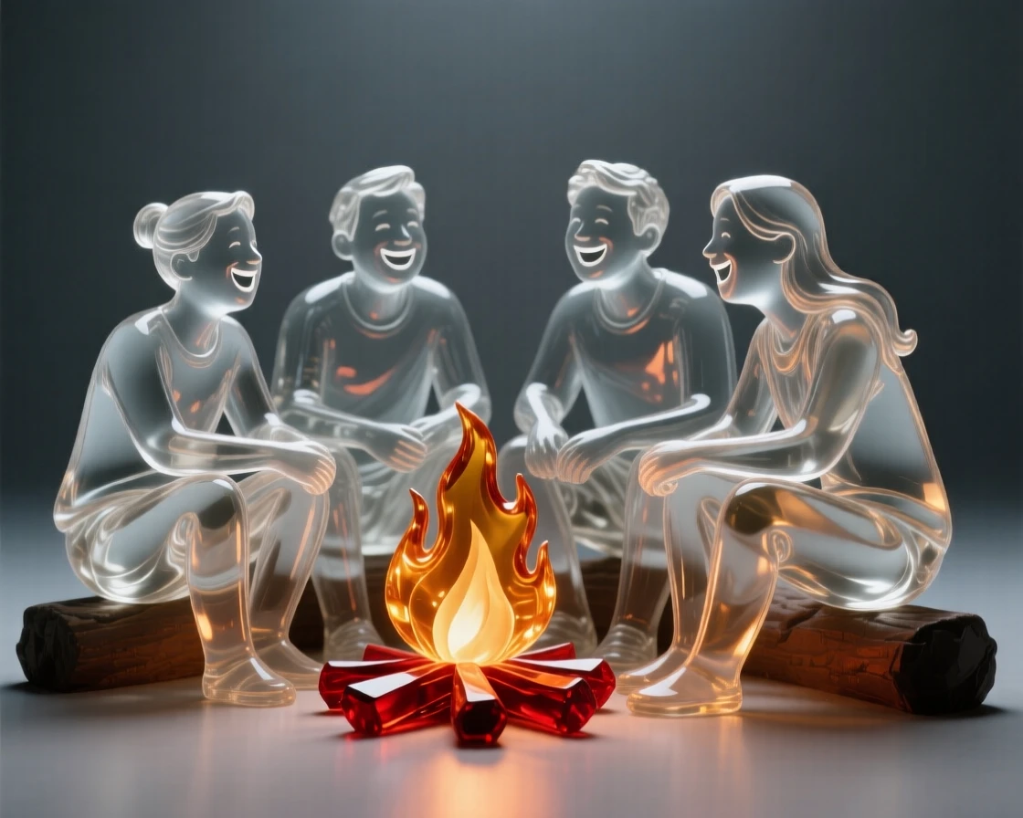 A group of friends laughing together around a campfire while the moment seems to stretch on peacefully
