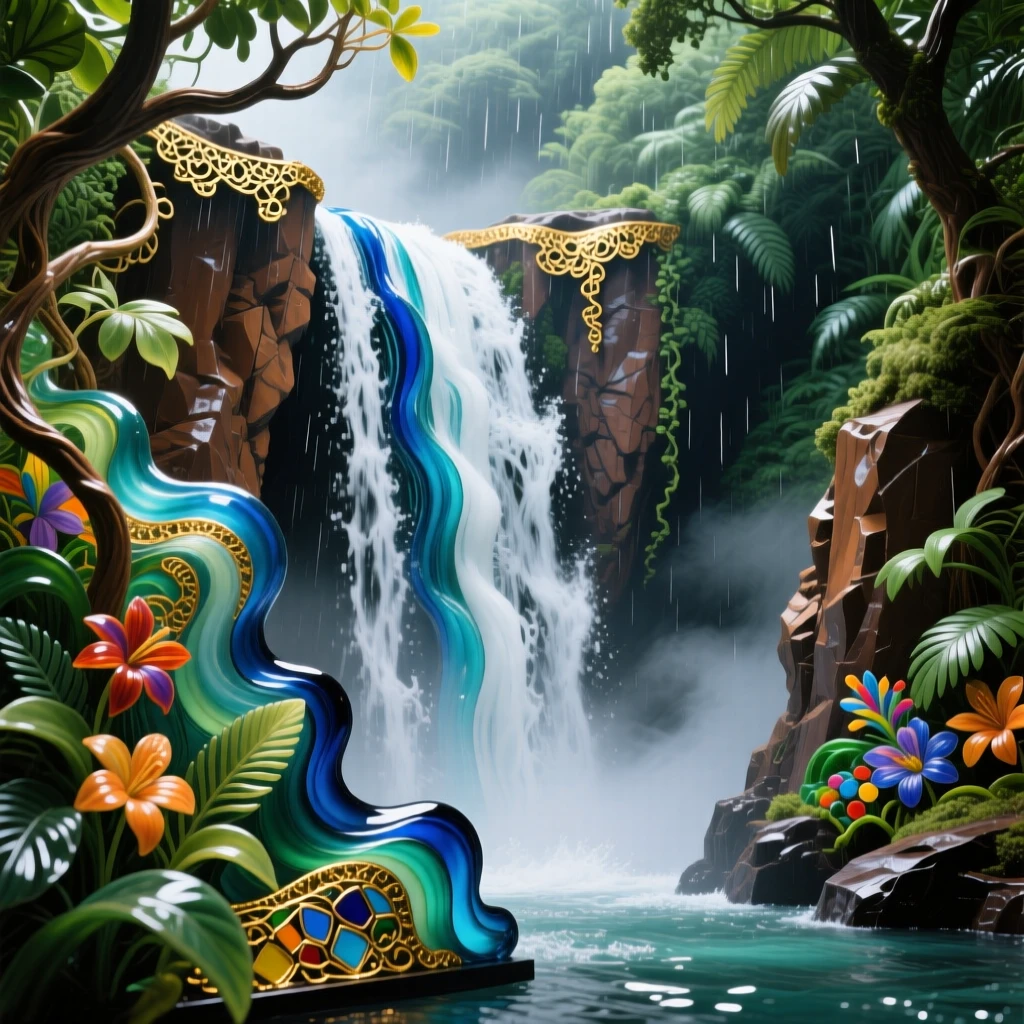 A grand waterfall thundering into a misty gorge at the heart of a rainforest, powerful and vast.