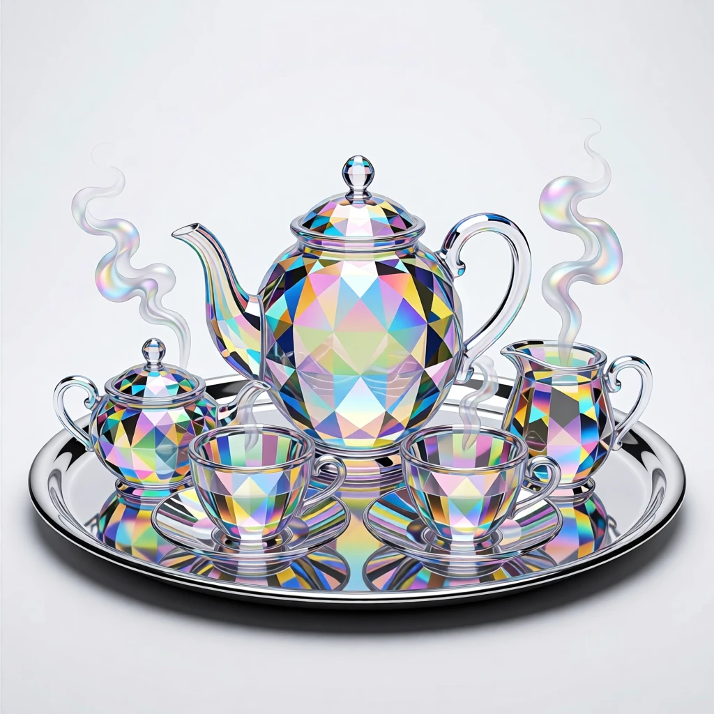 A luxury tea set arranged elegantly on a silver tray with steam rising.