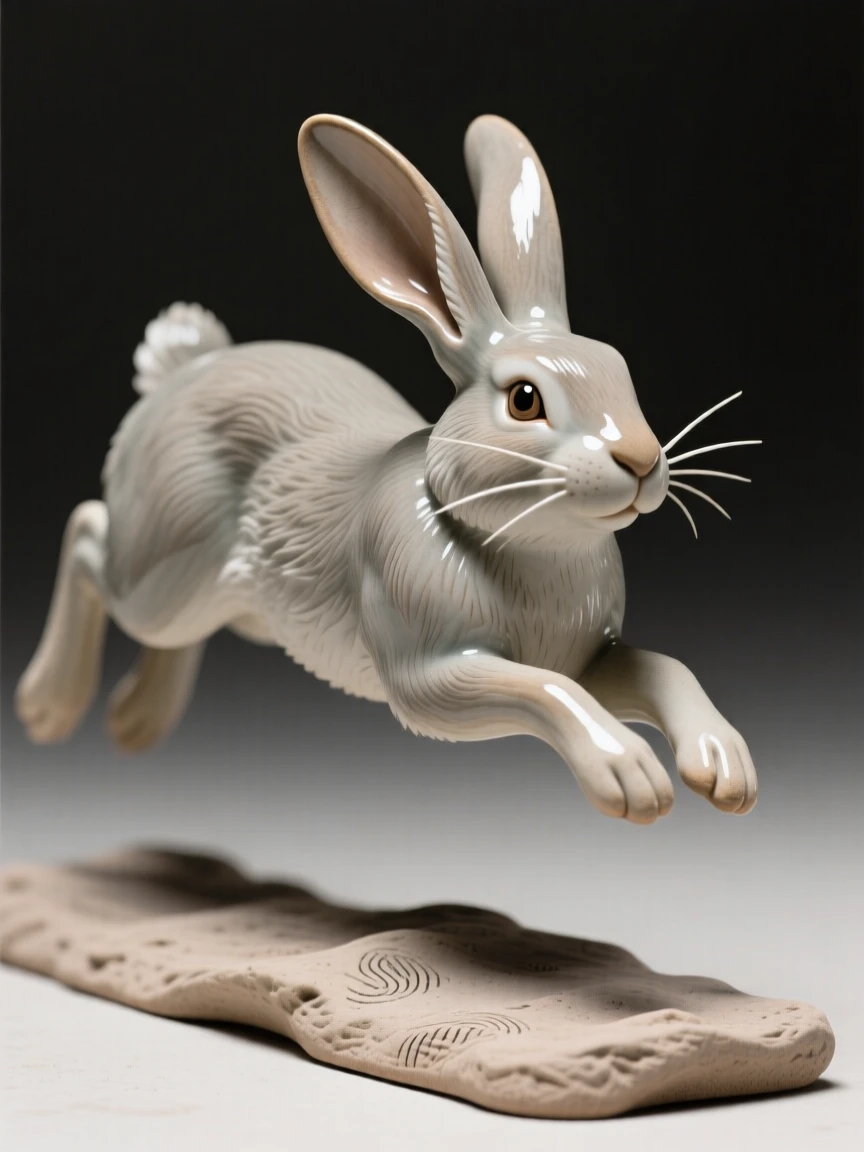 A rabbit with oversized ears caught in a playful leap, with delicate whiskers catching the light, stirring a feeling of gentle wonder.
