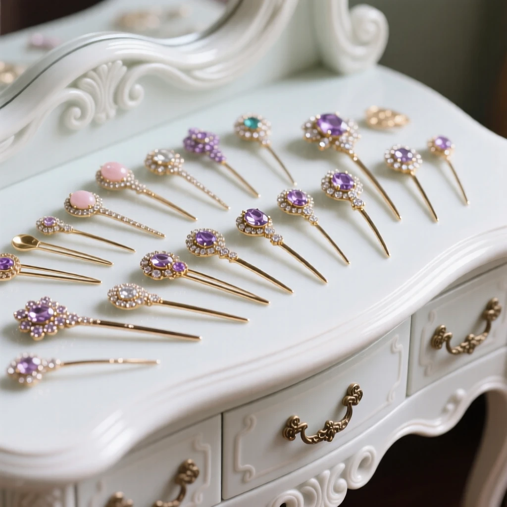 A collection of jeweled hairpins arranged across an antique dresser, evoking a sense of collected treasure.