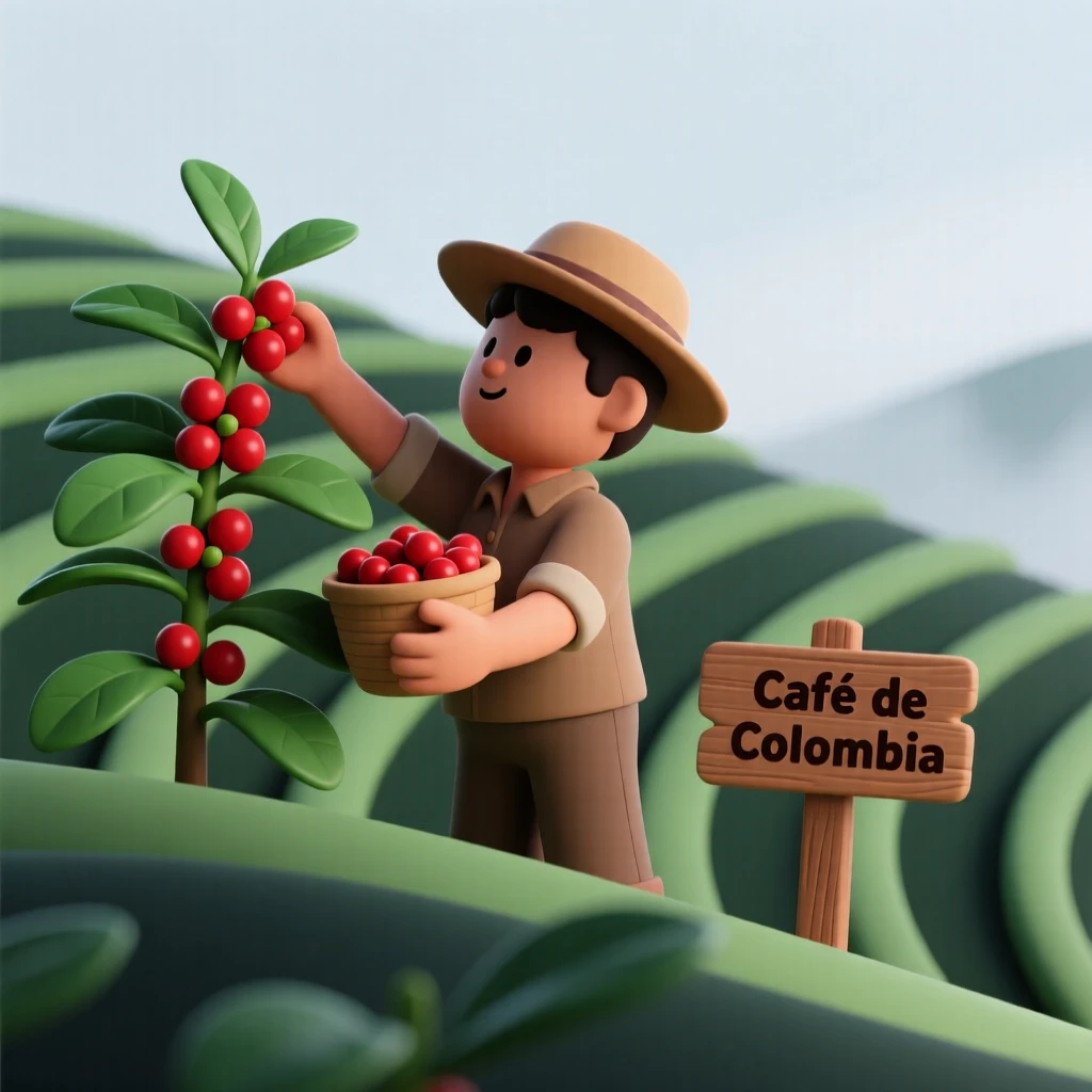A determined Colombian coffee farmer picks ripe red beans from lush green hillside rows beneath a misty morning sky.