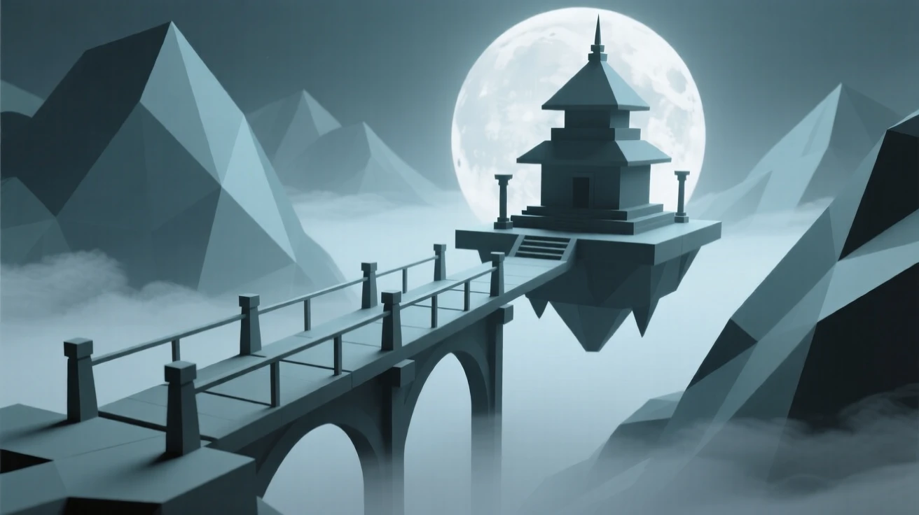 A moonlit bridge leading to a floating temple, within a valley shrouded in enchanted mist. intricate details enrich the ancient architecture. The moment feels suspended between worlds.