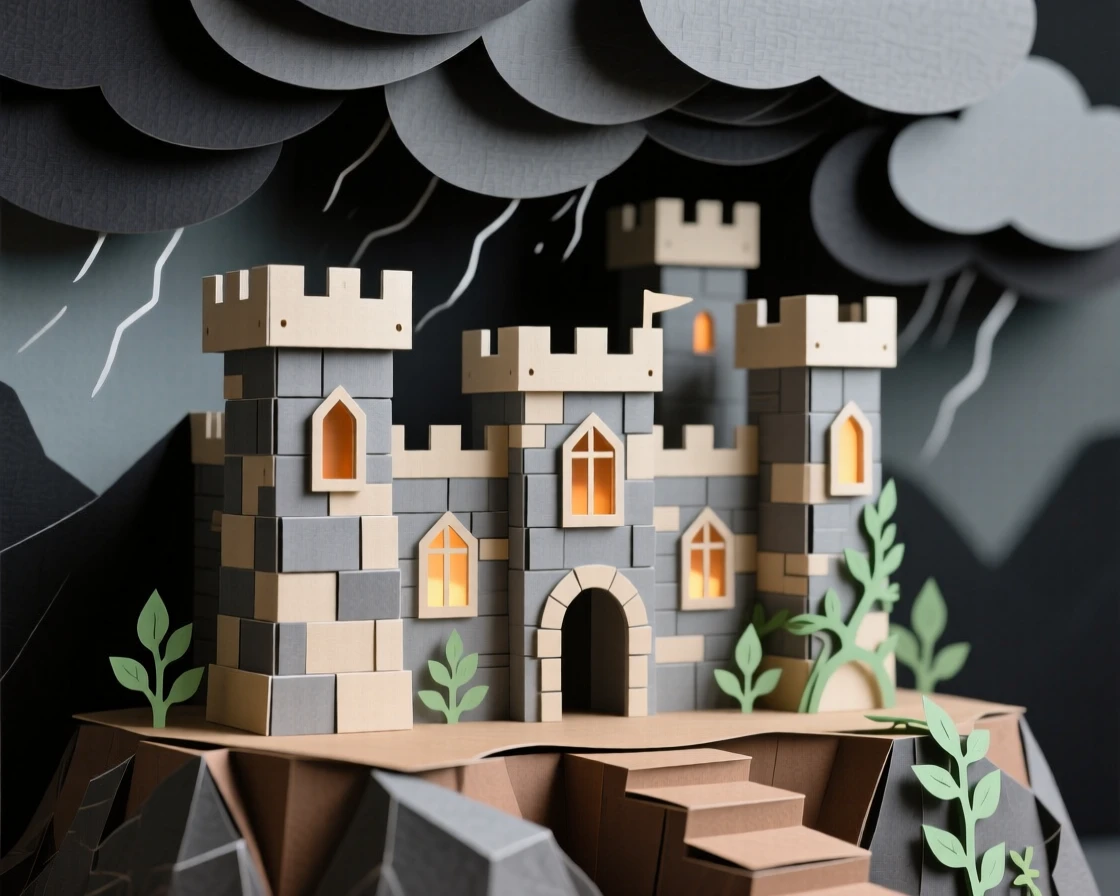 A centuries-old stone castle framed by dramatic storm clouds, with warm interior light spilling outward, evoking quiet historic charm.