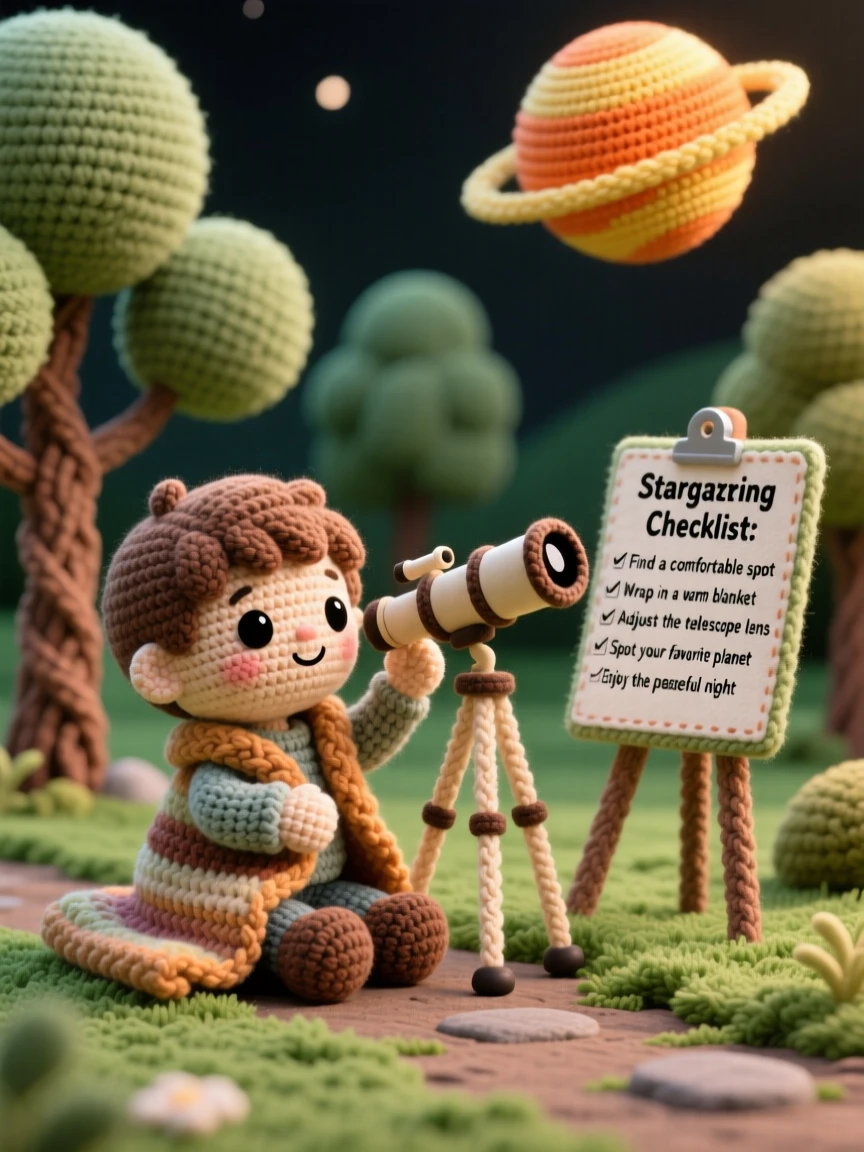 A cheerful scene of a small boy stargazing with a telescope wrapped in a warm blanket, adjusting the lens toward a bright planet within a quiet park path lined with trees; a cheerful checklist pinned to a board nearby, full of the simple happiness of a favorite pastime.