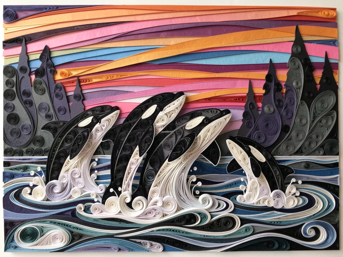 a pod of orcas breaching in unison, beneath tall shadowy silhouettes in the distance, captured in a quiet, still, contemplative moment, beneath a sky streaked with vivid color.