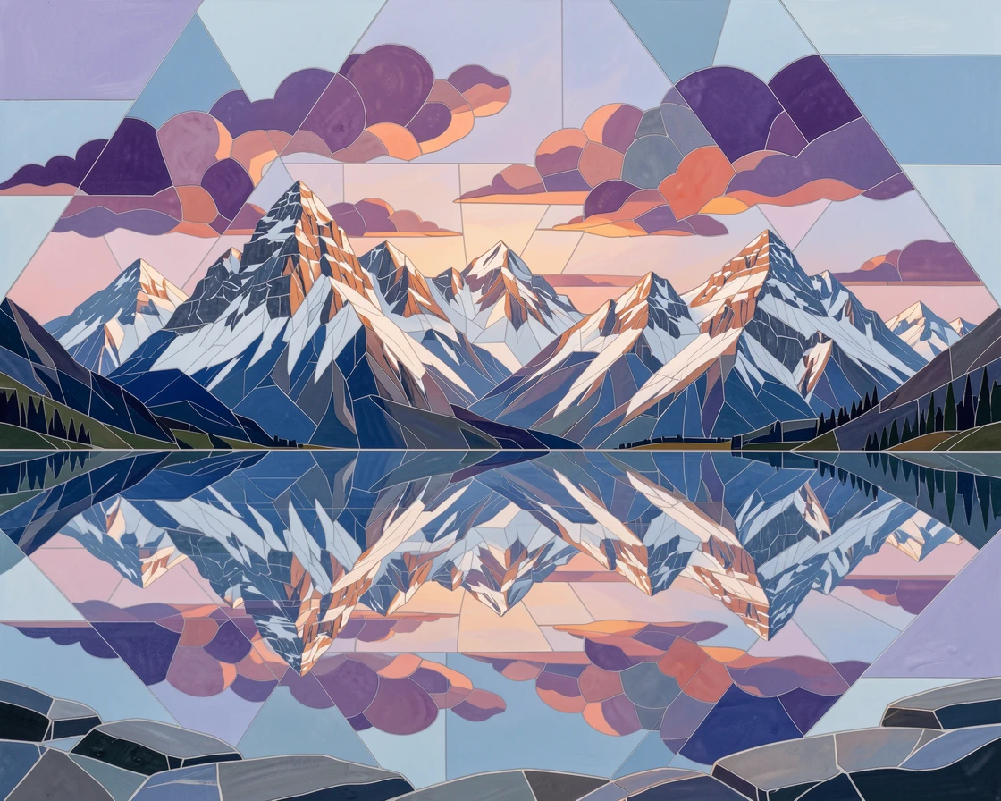 A wide panoramic view of a snow-capped mountain range reflected in a perfectly still alpine lake at dawn, with dramatic clouds and rich natural color.
