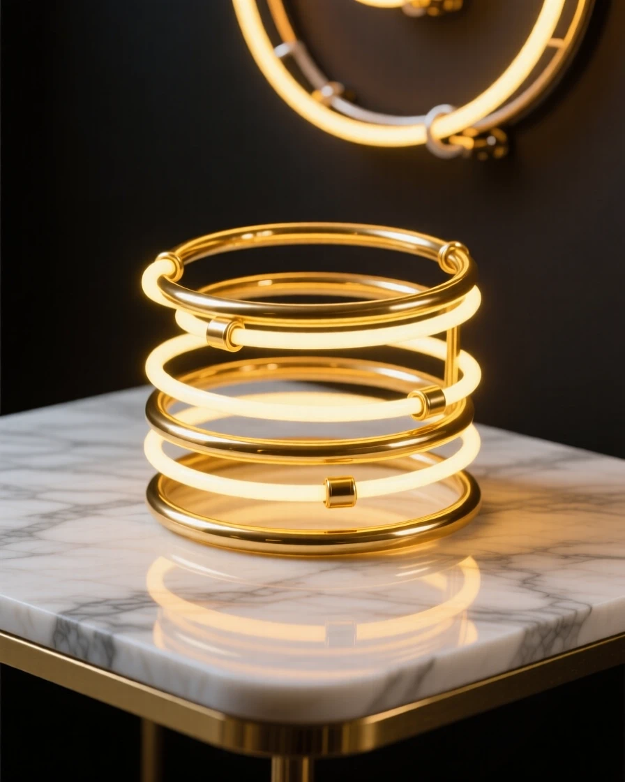 A set of gold bangles stacked on a marble tabletop.