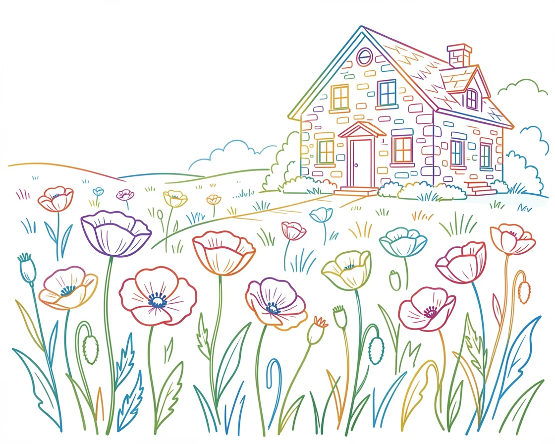 A field of blooming poppies swaying beside an old stone farmhouse.