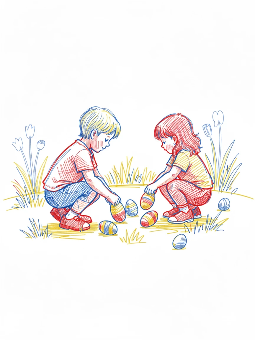 An Easter morning with children searching for painted eggs in a garden