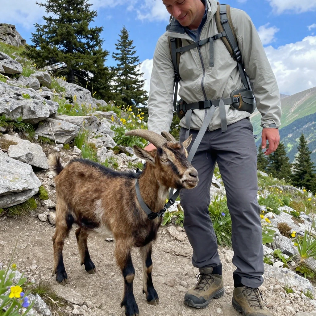 A goat nibbles curiously on a hiker's backpack strap on a mountain trail.