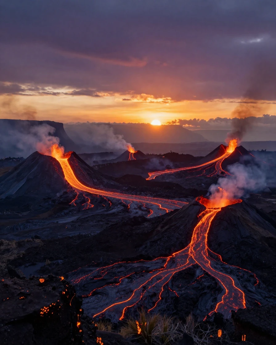 A chain of active volcanoes glowing under the light of a setting sun