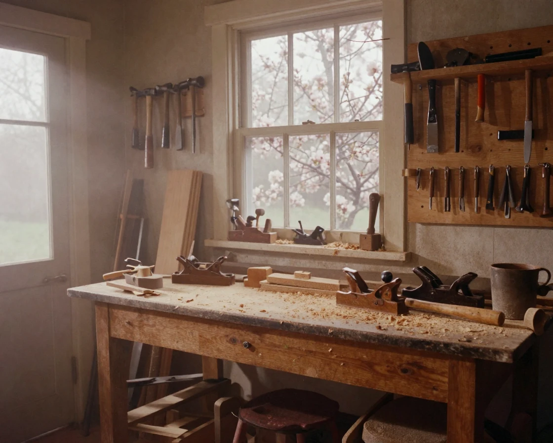 A cluttered woodworking shop filled with tools and sawdust, in soft window light, in thick rolling fog, as spring blossoms unfurl, in earthy terracotta and ochre shades, at eye level, intimate and direct.