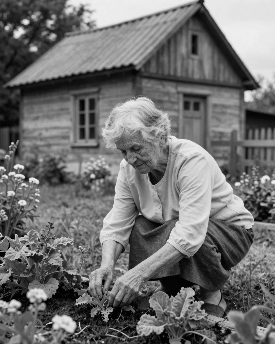 An elderly widow tends a small vegetable patch behind a modest countryside cottage.